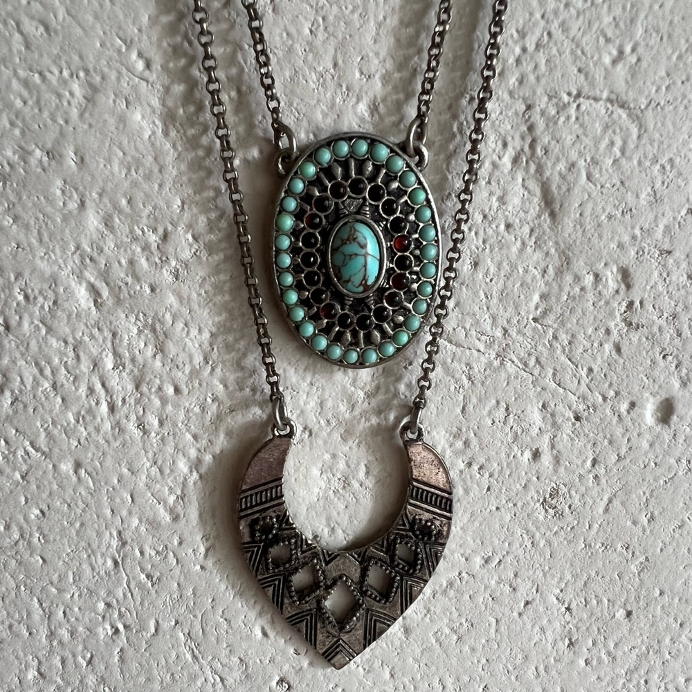 LUCKY Boho Silver tone Necklace Double Strand Lobster Claw Layered - Picture 3 of 14